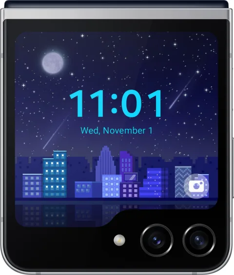 Samsung Galaxy Z Flip5 Retro edition closed, Flex Window showing night-sky wallpaper