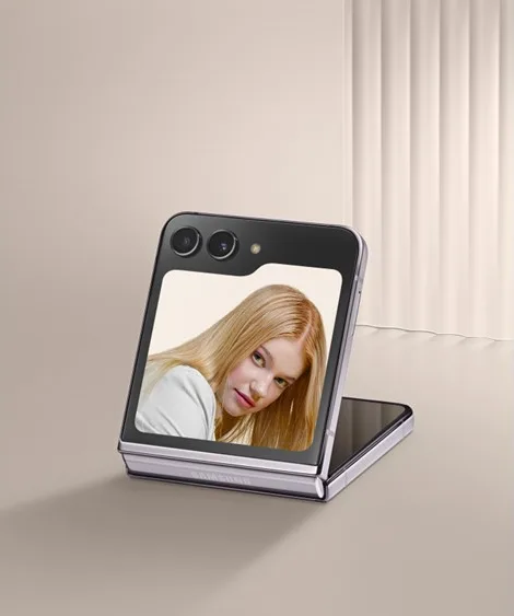 Samsung Galaxy Z Flip5 in Cream, propped open at an angle showing Flex Window