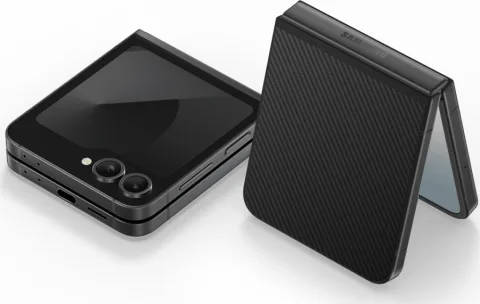 Samsung Galaxy Z Flip6 in Crafted Black, closed cover-screen view and open back view, studio shot