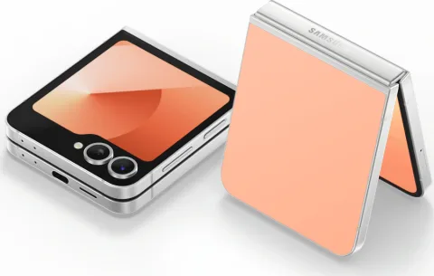 Samsung Galaxy Z Flip6 in Peach, closed cover-screen view and open back view, studio shot