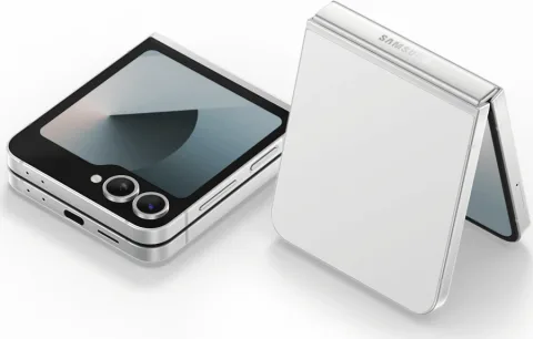 Samsung Galaxy Z Flip6 in White, closed cover-screen view and open back view, studio shot