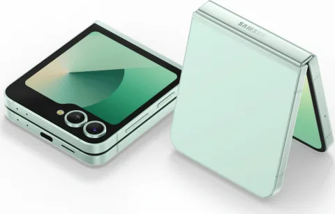 Samsung Galaxy Z Flip6 in Mint, closed cover-screen view and open back view, studio shot