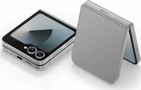 Samsung Galaxy Z Flip6 in Silver Shadow, closed cover-screen view and open back view, studio shot