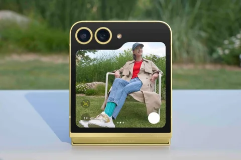 Samsung Galaxy Z Flip6 in Yellow, FlexCam mode in use outdoors, half-folded and propped up