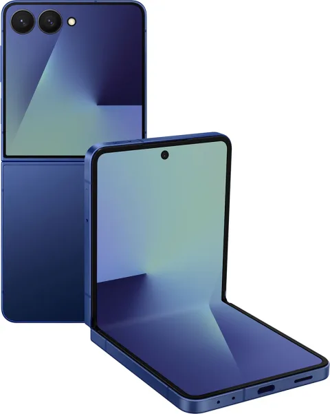 Galaxy Z Flip7 in Blue Shadow, closed, cover screen and camera view