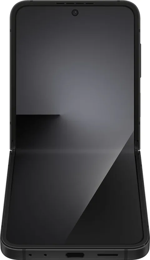 Galaxy Z Flip7 FE in Black, flex mode, tabletop angle