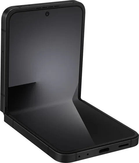 Galaxy Z Flip7 FE in Black, side tabletop angle
