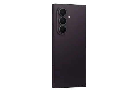 Samsung Galaxy Z Fold8 Ultra in Violet Shadow, closed, triple rear camera at an angle