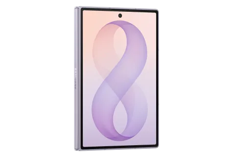 Samsung Galaxy Z Fold8 in Lavender, closed, cover screen at an angle