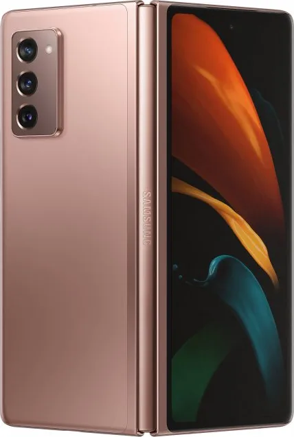 Samsung Galaxy Z Fold2 5G in Mystic Bronze, flex angle showing front and back