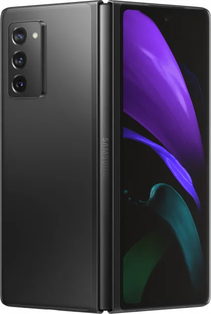 Samsung Galaxy Z Fold2 5G in Mystic Black, flex angle showing front and back