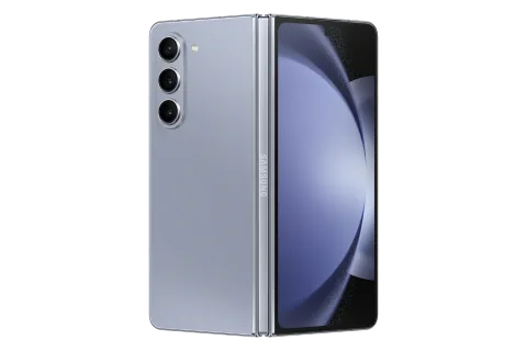 Galaxy Z Fold5 in Icy Blue, closed rear and open front display