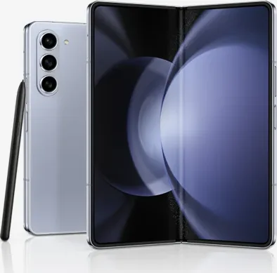 Galaxy Z Fold5 in Icy Blue with S Pen, closed rear and open front view