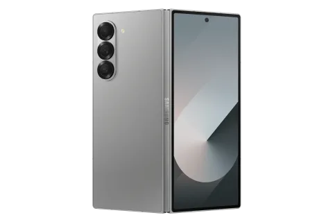 Galaxy Z Fold6 in Silver Shadow, unfolded front and closed rear view