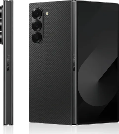 Galaxy Z Fold6 in Crafted Black, side profile and closed rear view