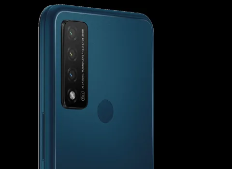 TCL 20 R 5G in Teal Blue, close-up angled back view showing the camera module