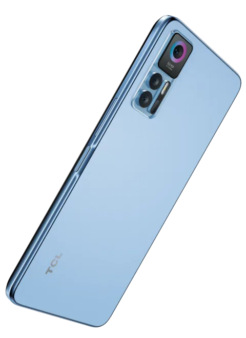 TCL 30+ in Icy Blue, angled back view showing the camera module