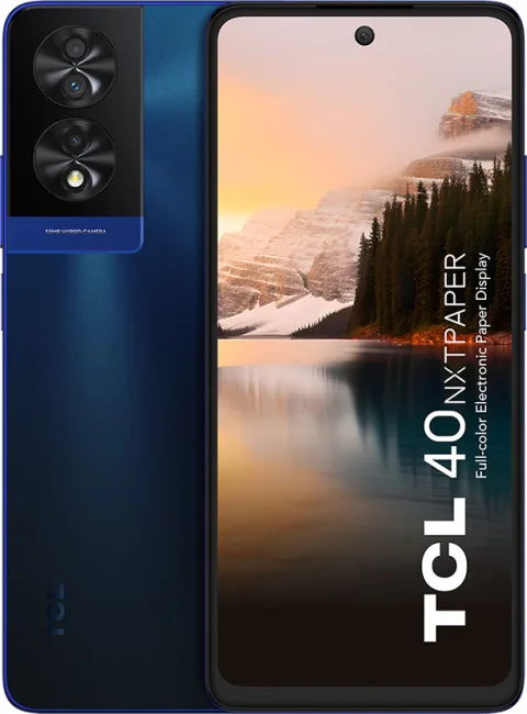 TCL 40 NXTPAPER in Midnight Blue, front and back view