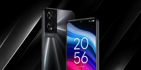 TCL 505 in Black, angled front and back view on a dark rock background