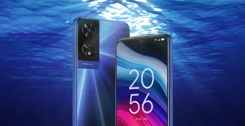 TCL 505 in Blue, angled front and back view against a blue water background