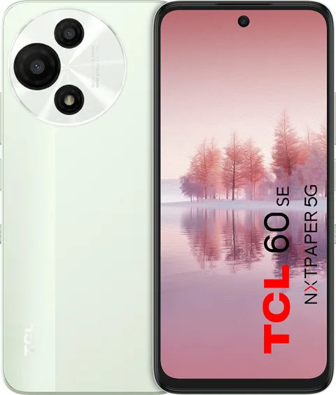 TCL 60 SE NXTPAPER 5G in Mint Green, front and back view