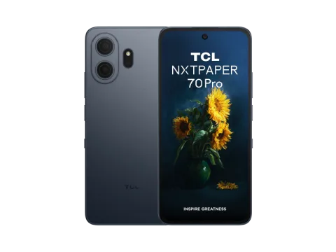 TCL NXTPAPER 70 Pro in Space Blue, front and back combo shot