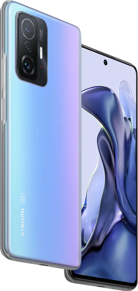Xiaomi 11T in Celestial Blue, front and back view