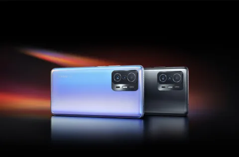 Xiaomi 11T Pro in Celestial Blue and Meteorite Gray, back view