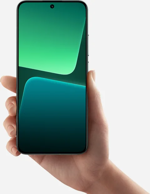 Xiaomi 13 in Green, front view held in hand