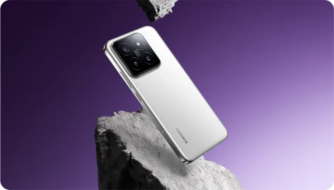 Xiaomi 14 in White, back three-quarter view