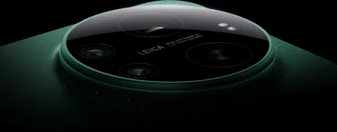 Macro close-up of the Xiaomi 17 Ultra's circular Leica camera module in Starlit Green