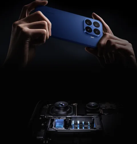 Hands holding the Xiaomi 17T Pro in Deep Blue with Leica camera module visible