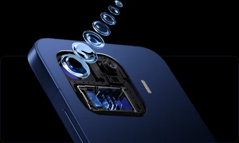 Exploded view of the Xiaomi 17T Pro Leica camera lens stack, Deep Blue body