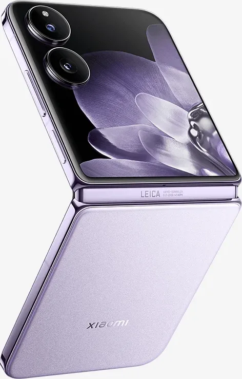Xiaomi MIX Flip in Lavender, half-open angled view