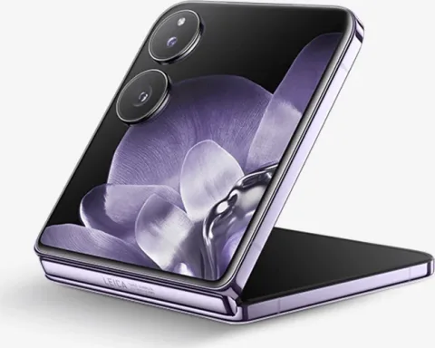 Xiaomi MIX Flip in Lavender, open standing on hinge