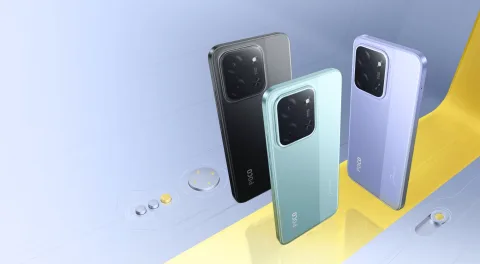 POCO C85 in Black, Purple and Green, back view lineup