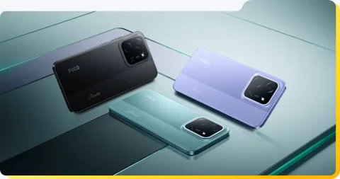 POCO C85 colour lineup on reflective surface