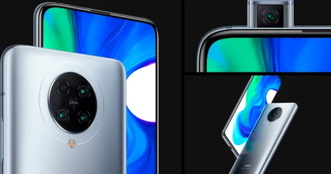 POCO F2 Pro in Cyber Grey, back, camera detail and pop-up selfie camera composite
