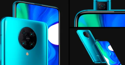POCO F2 Pro in Neon Blue, back, camera detail and pop-up selfie camera composite