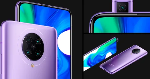 POCO F2 Pro in Electric Purple, back, camera detail and pop-up selfie camera composite