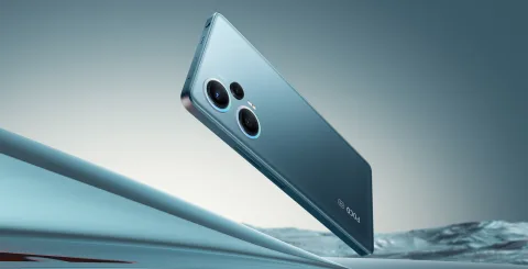 POCO F5 in Blue, angled back view