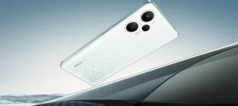 POCO F5 in White, angled back view