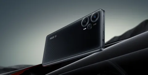 POCO F5 in Black, back view lying flat