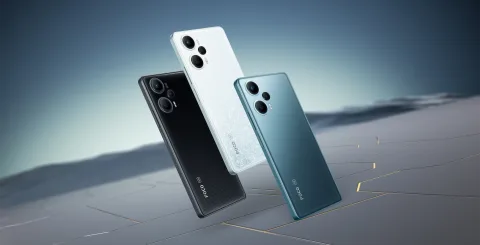 POCO F5 in Black, White and Blue shown together