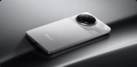 POCO F7 Pro in Silver, angled back view with camera close-up