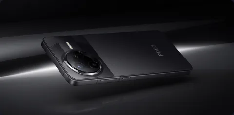 POCO F7 Pro in Black, flat back view with POCO logo