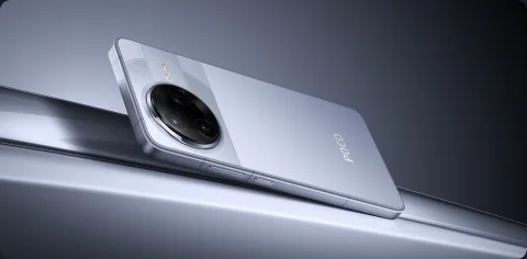 POCO F7 Pro in Blue, angled back view with camera close-up
