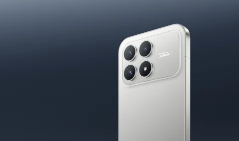POCO F8 Pro in Titanium Silver, angled back view showing camera module