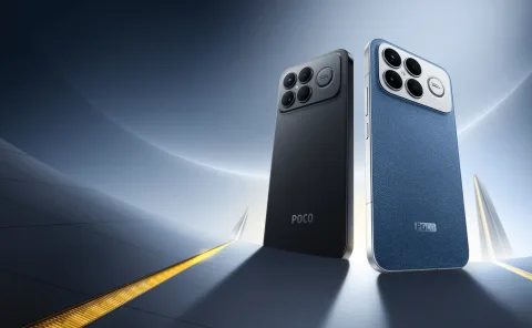 POCO F8 Ultra in Black and Denim Blue standing side by side