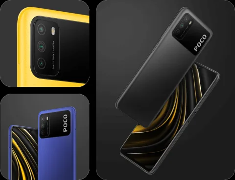 POCO M3 colour lineup composite, camera detail and front/back views
